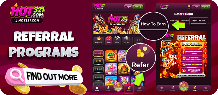HOT321 referral program promo — refer friend earn big commission mobile mockup Malaysia